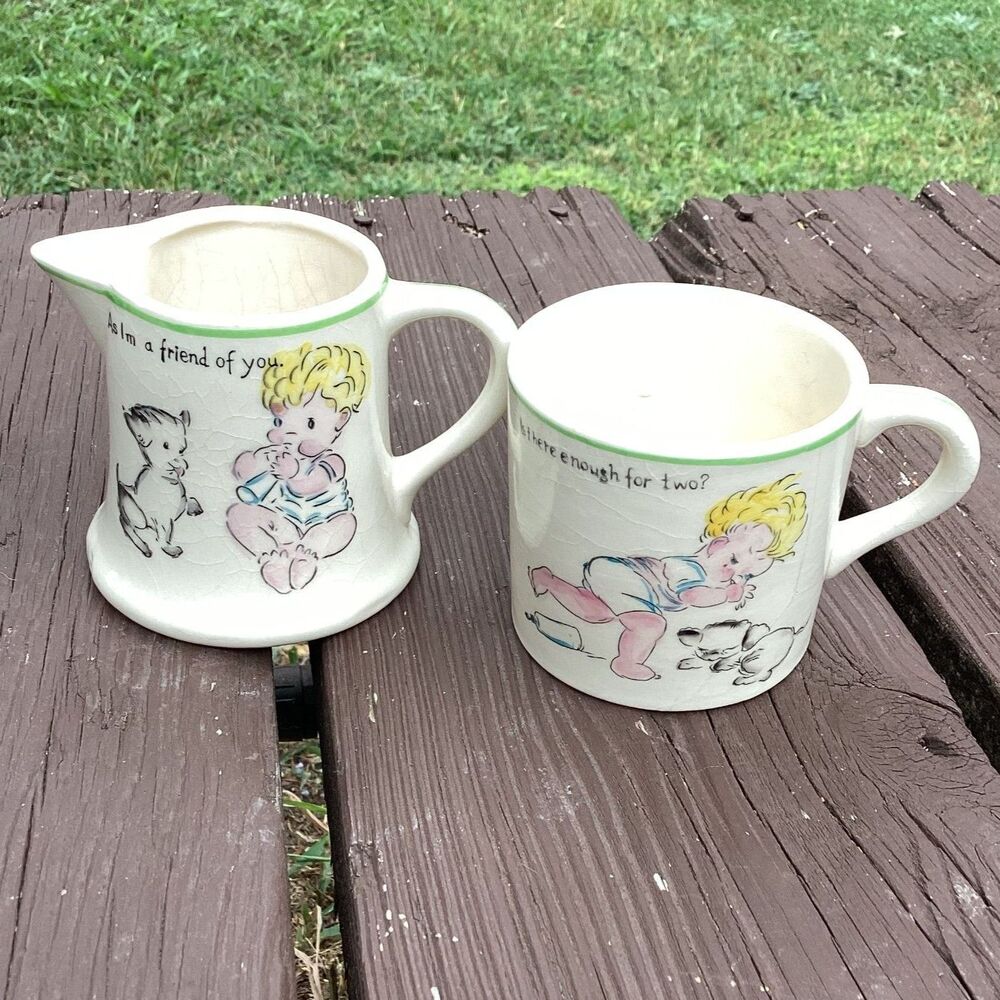 Royal Trio Creamer and Mug Set Hand Decorated Boy Dog Vintage Collectible‎